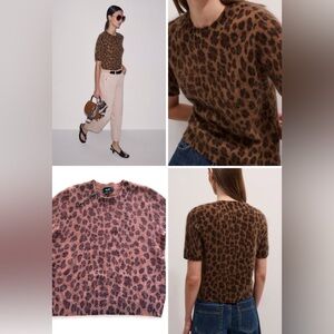 ME+EM Leopard Print Merino Cashmere Knit Tee Cocoa Brown Sz S New
